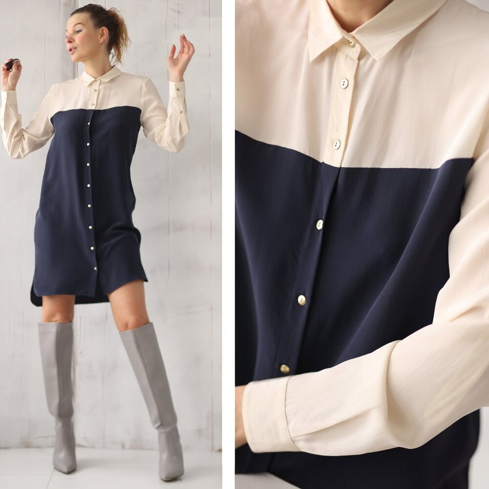 Chic white blue silk long sleeve button up tunic shirt dress XS S
